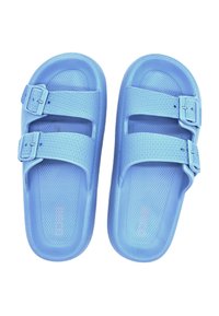 Blue, synthetic sandals with double buckle straps, textured footbed, and open-toe design. Lightweight with a smooth finish.
