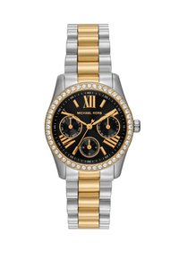 Montre Michael Kors avec un cadran noir, bracelet en maillons métalliques dorés et argentés, lunette en cristal, et trois sous-cadrans. Chiffre romain XII à 12 heures.