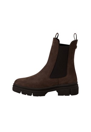 Bottes Chelsea en suedine marron avec panneau latéral élastique noir, languettes en haut et semelle à crampons en caoutchouc noir épaisse.