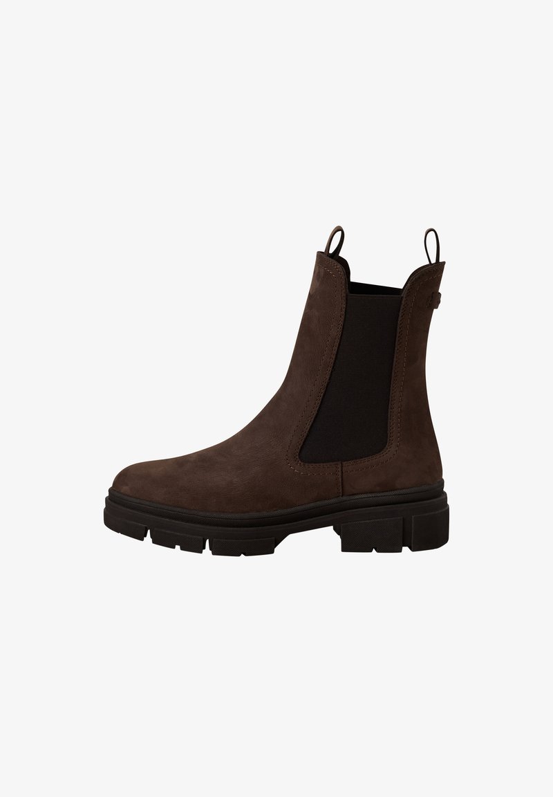 Bottes Chelsea en suedine marron avec panneau latéral élastique noir, languettes en haut et semelle à crampons en caoutchouc noir épaisse.