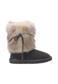 Schwarze Wildleder-Stiefelette mit hellbraunem Kunstfellbund, gebunden mit einem grauen Kordelzug, und mit einer strukturierten Gummisohle für guten Halt.