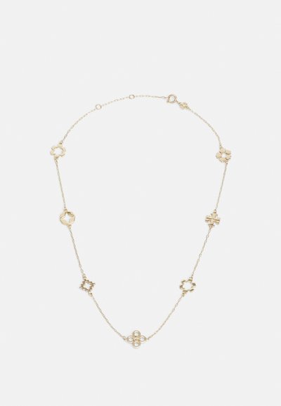 Gold chain necklace featuring geometric floral and hexagonal shapes, with alternating links. Smooth texture and shiny finish. Lobster clasp closure.