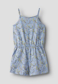 Blå ærmeløs romper med elastisk talje, prydet med et blomsterdesign i hvidt og gult på en lys blå baggrund.