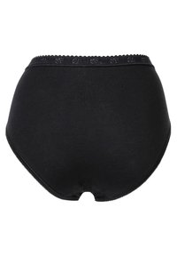 Intimo in cotone nero con una vestibilità alta, caratterizzato da un bordo in pizzo lungo l'elastico e una texture liscia.