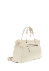 Borsa a tracolla in finta pelle beige con catene, forma rettangolare, tasca con zip frontale e superficie liscia. Adatta all'uso quotidiano.