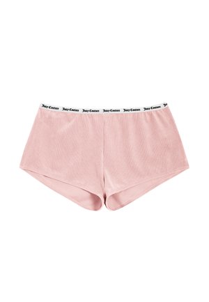 Pantaloni boyshorts in cotone rosa a costine con una fascia in logo nera, caratterizzati da una vestibilità aderente e una texture liscia.