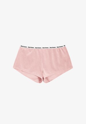 Pantaloni boyshorts in cotone rosa a costine con una fascia in logo nera, caratterizzati da una vestibilità aderente e una texture liscia.