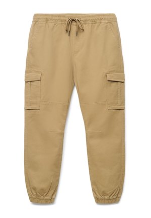 Pantaloni jogger cargo color nocciola con vita e polsini elasticizzati, coulisse, tasche laterali con patta e tasche anteriori oblique.