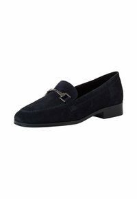 Tumedat sinine nahast loafers madala kontsaga, millel on hõbedane aksessuaar ja õmbluste detailid õmbluste äärtes. Klassikaline, sujuv disain.