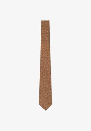 Braune Krawatte mit einem strukturierten geometrischen Muster. Schmale Form, spitz zulaufende Spitze, aus einem Stoff mit glatter Oberfläche.
