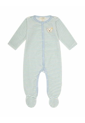 Tutina a righe per bambino in azzurro chiaro e bianco, realizzata in tessuto morbido. Presenta un patch a forma di faccia di orso e un design con piedi e chiusure a pressione.