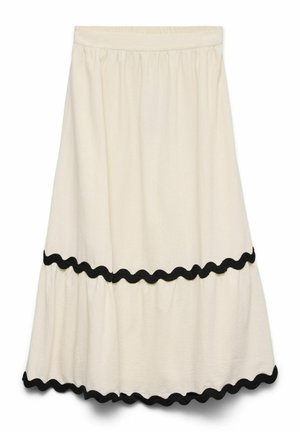 Jupe midi crème avec taille élastique et détails de bordure noire ondulée au-dessus de l'ourlet et au milieu, tissu froncé pour donner du volume.