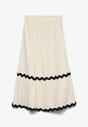 Jupe midi crème avec taille élastique et détails de bordure noire ondulée au-dessus de l'ourlet et au milieu, tissu froncé pour donner du volume.