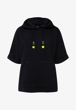 Černá prošívaná mikina s kapucí a krátkými rukávy, s přední kapsou a neonově zelenými akcenty na šňůrkách. Texturovaný povrch látky.