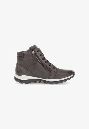 Gray ankle boots made of textured leather. Features laces, a side zipper, and a contrasting white sole with black tread.