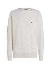 Felpa girocollo grigio chiaro, in misto cotone, polsini e orlo a coste, piccolo logo ricamato sul petto a sinistra, tessuto morbido, vestibilità rilassata.