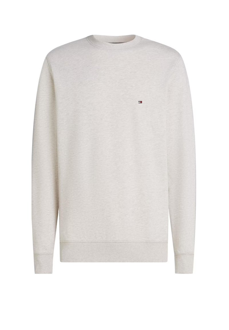 Felpa girocollo grigio chiaro, in misto cotone, polsini e orlo a coste, piccolo logo ricamato sul petto a sinistra, tessuto morbido, vestibilità rilassata.