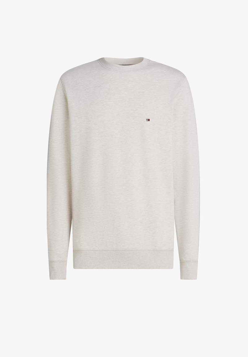 Felpa girocollo grigio chiaro, in misto cotone, polsini e orlo a coste, piccolo logo ricamato sul petto a sinistra, tessuto morbido, vestibilità rilassata.