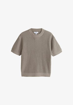 Beiger, kurzärmeliger Strickpullover mit geripptem Muster. Verfügt über einen Rundhalsausschnitt und eine lockere Passform. Leichtes Material für hohen Tragekomfort.