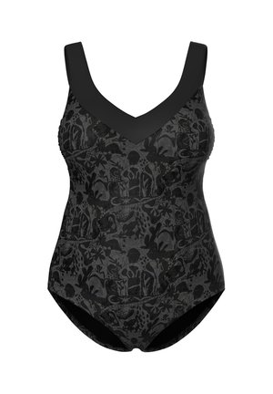 Zwart eendelig badpak met brede schouderbanden en abstract bloemen- en figurenpatroon in donkere tinten.
