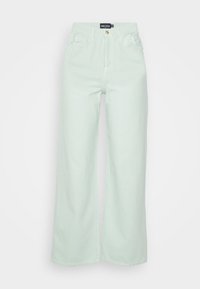 Jeans de perna larga em verde menta claro, feitos de denim, com um design clássico de cinco bolsos e fecho de botão na cintura.