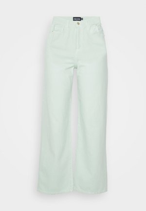 Jeans de perna larga em verde menta claro, feitos de denim, com um design clássico de cinco bolsos e fecho de botão na cintura.