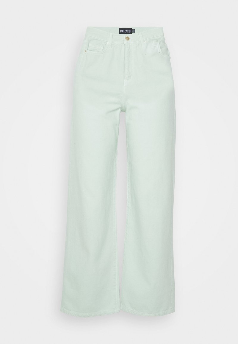 Jeans de perna larga em verde menta claro, feitos de denim, com um design clássico de cinco bolsos e fecho de botão na cintura.