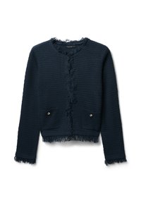 Navy-blue, textured knit cardigan with frayed edges, gold-tone buttons, and two patch pockets. Cropped design with long sleeves.