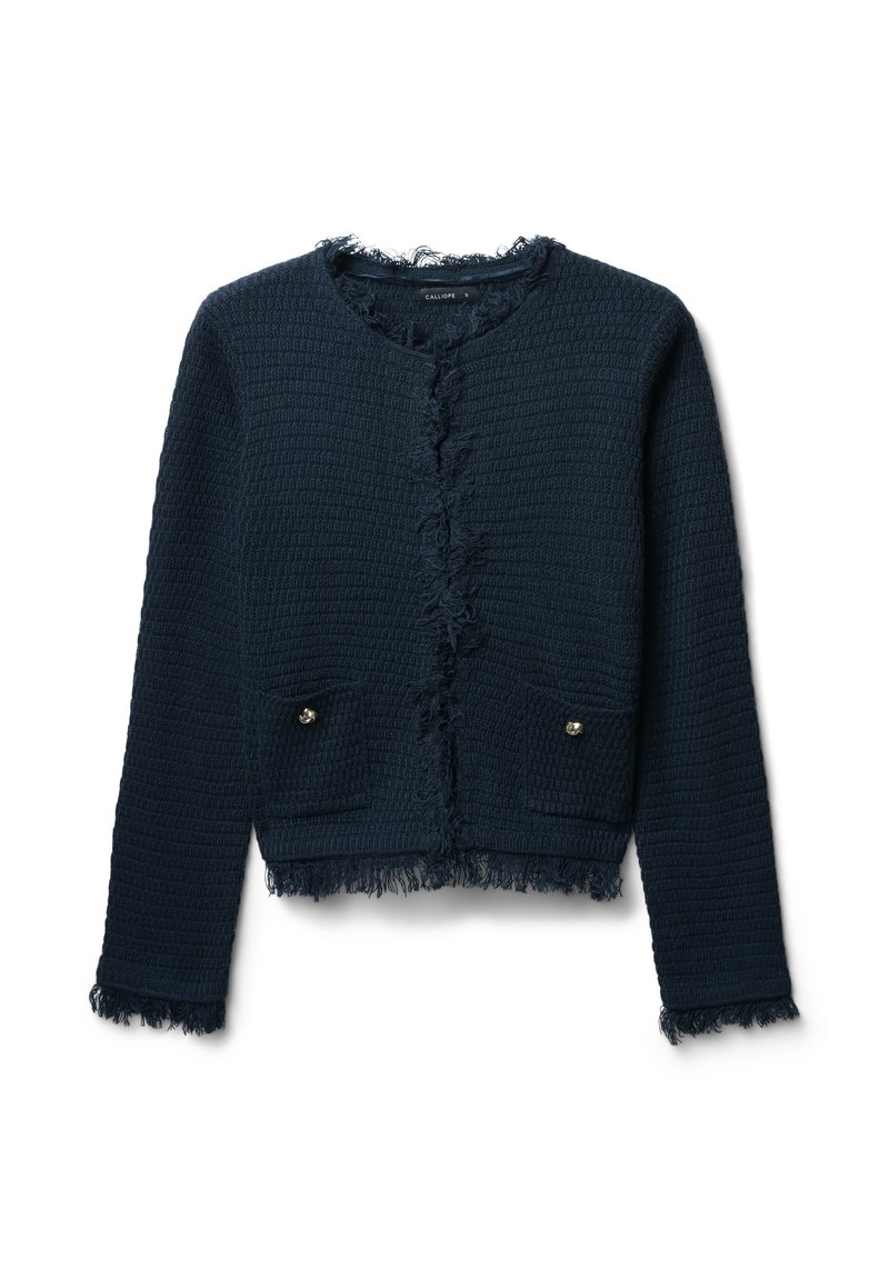 Navy-blue, textured knit cardigan with frayed edges, gold-tone buttons, and two patch pockets. Cropped design with long sleeves.