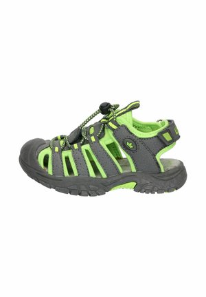 Gray and bright green sandal with an open design, rubber sole, adjustable lacing system, and textured upper featuring multiple straps.