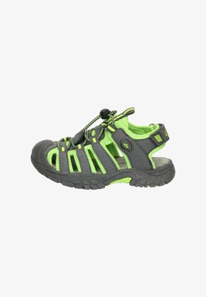 Gray and bright green sandal with an open design, rubber sole, adjustable lacing system, and textured upper featuring multiple straps.