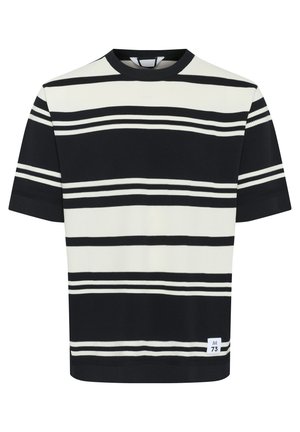 Black and white striped short-sleeve knit shirt; round neck, textured fabric, and a tag with "73" at the bottom right corner.