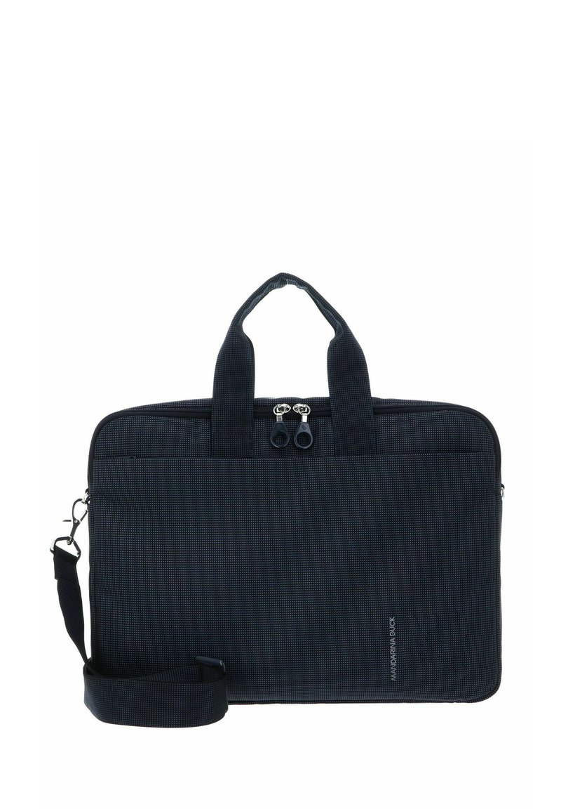 Sacoche d'ordinateur portable noire en tissu texturé, dotée d'une double fermeture éclair, de deux poignées et d'une bandoulière réglable. Design minimaliste.