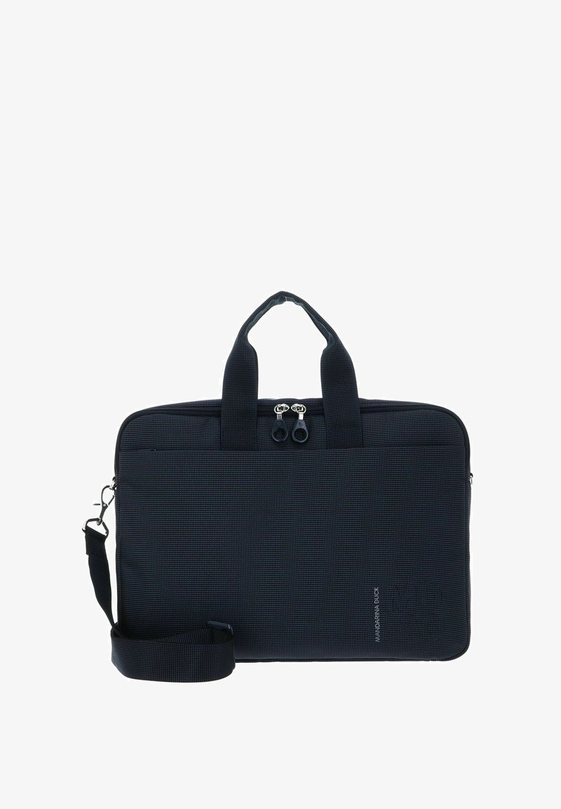 Sacoche d'ordinateur portable noire en tissu texturé, dotée d'une double fermeture éclair, de deux poignées et d'une bandoulière réglable. Design minimaliste.