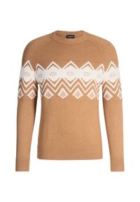 Jasnobrunatny sweter z białym geometrycznym wzorem na klatce piersiowej, okrągłym dekoltem oraz ribbowymi mankietami i hemem. Miękki materiał dzianinowy.