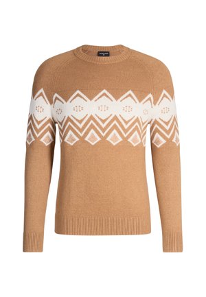 Hellbrauner Pullover mit einem weißen geometrischen Muster auf der Brust, Rundhals-Ausschnitt sowie gerippten Bündchen und Saum. Weiches Strickmaterial.