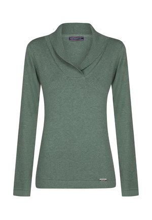 Groene trui met lange mouwen en een sjaalkraag van ribbeltextuur. Heeft een klein merketiketje nabij de zoom. Casual, getailleerd ontwerp.