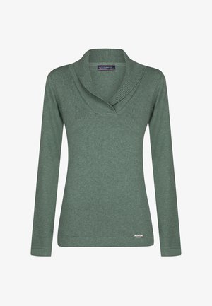 Pull en laine vert à manches longues, avec un col châle et une texture côtelée. Présente une petite étiquette de marque près de l'ourlet. Design décontracté et ajusté.
