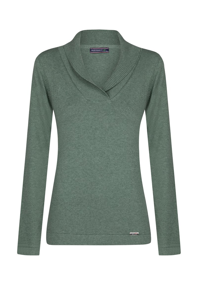 Groene trui met lange mouwen en een sjaalkraag van ribbeltextuur. Heeft een klein merketiketje nabij de zoom. Casual, getailleerd ontwerp.