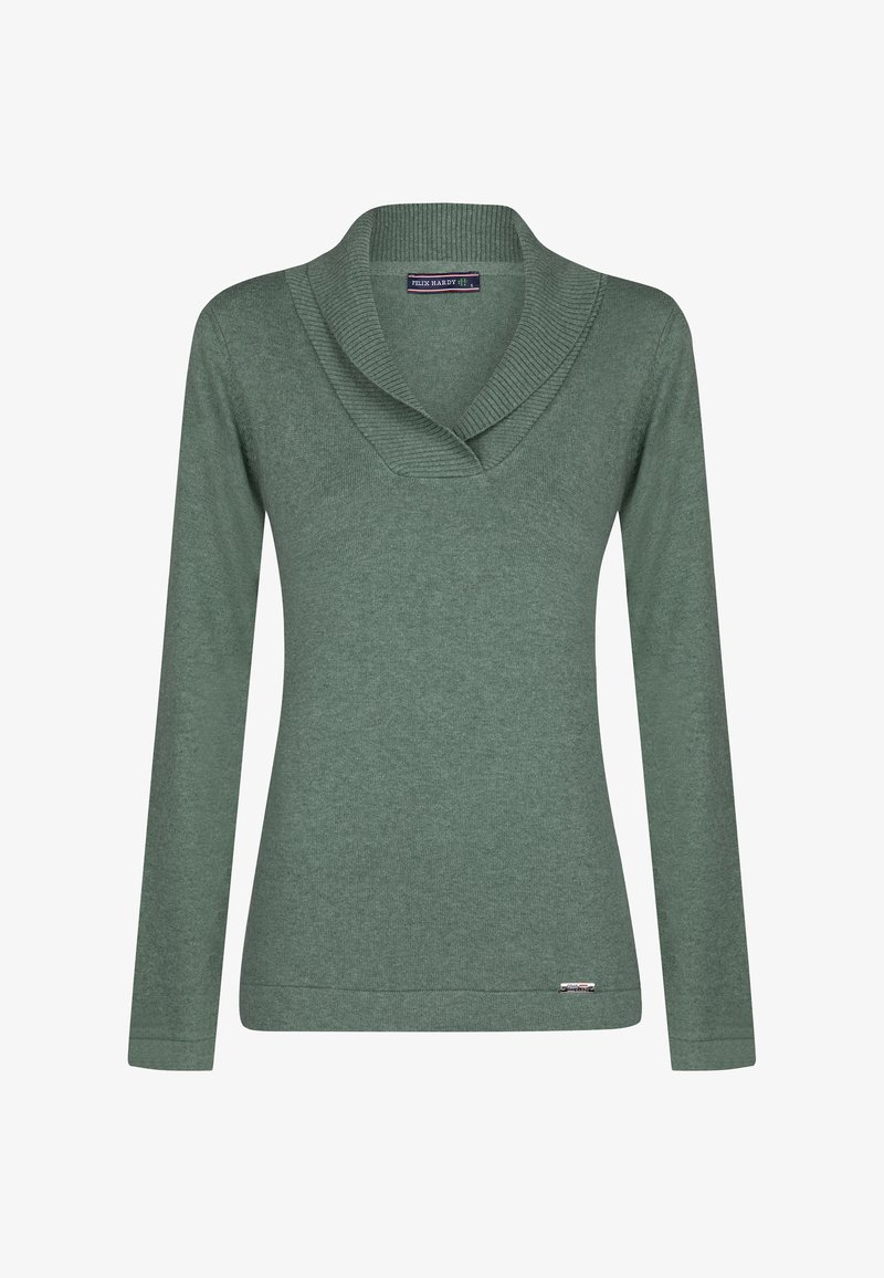 Grüner Langarm-Pullover mit Schalkragen und gerippter Textur. Besitzt ein kleines Markenetikett nahe dem Saum. Lässiges, figurbetontes Design.