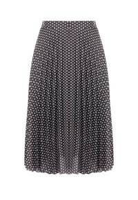 Fließender schwarzer Midirock mit einem geometrischen Muster aus kleinen weißen Quadraten, plissiertem Design, weichem Stoff und elastischem Bund.