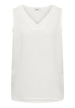 Blouse blanche sans manches en tissu texturé avec un col en V, étiquetée "Cecil" à l'intérieur du col arrière.