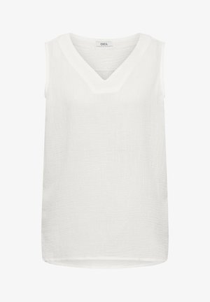 Blouse blanche sans manches en tissu texturé avec un col en V, étiquetée "Cecil" à l'intérieur du col arrière.