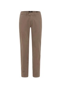 Chinos en coton beige avec une coupe droite, dotés d'une fermeture à bouton, de poches avant et d'une texture lisse. Style simple et polyvalent.
