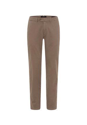 Chinos in cotone beige con taglio dritto, dotati di chiusura a bottone, tasche frontali e una trama liscia. Stile semplice e versatile.