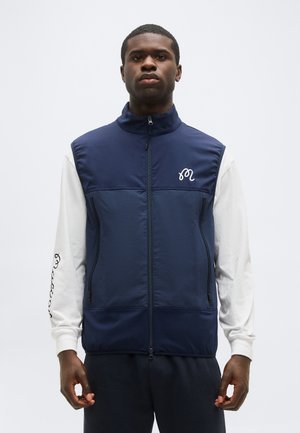 Νεαρός άνδρας που φοράει μπλε σκούρο γιλέκο με φερμουάρ πάνω από λευκό μακρυμάνικο πουκάμισο με μαύρο κείμενο στο μανίκι, στέκεται μπροστά σε απλό ανοιχτόχρωμο φόντο.