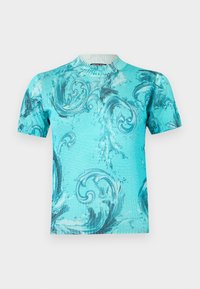 Chemise turquoise à manches courtes avec des motifs ornés bleu foncé tourbillonnants et un col rond côtelé.