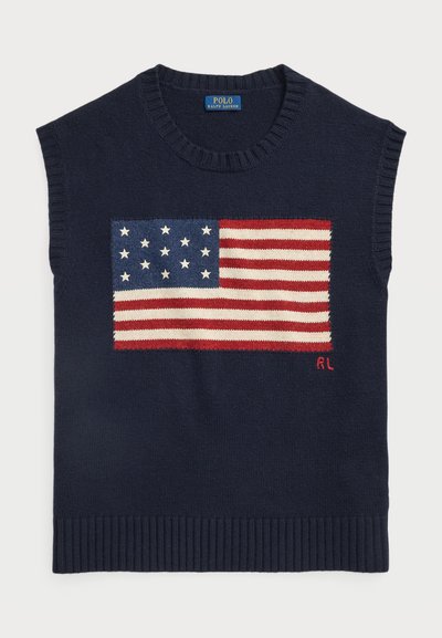 Sweater sem mangas azul-marinho com um design de bandeira americana em malha, com riscas vermelhas e estrelas brancas, finalizado com um decote e barra canelados.