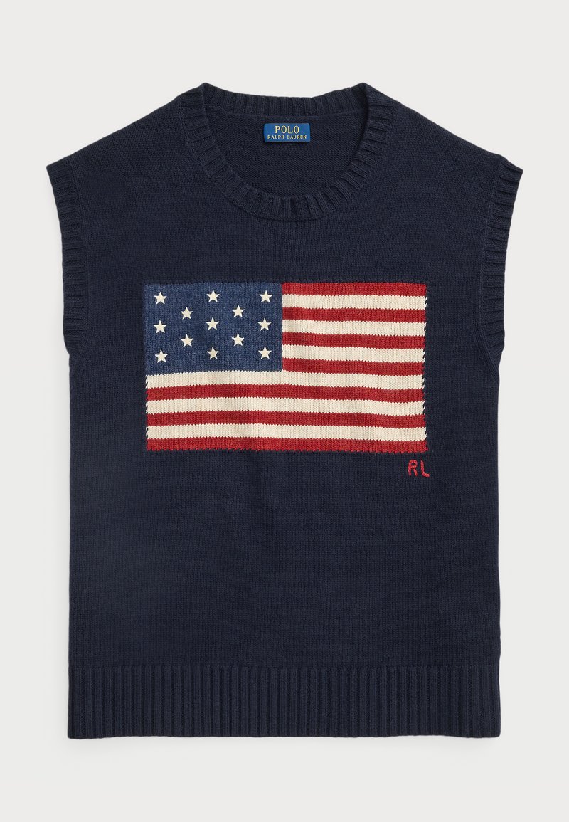 Bežis rankovių tamsiai mėlynas megztinis su amerikietiškos vėliavos raštu, raudonomis juostomis ir baltomis žvaigždėmis, baigtas banguotu apykaklę ir apdaila.