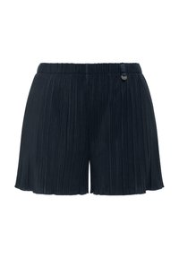 Shorts plissés bleu marine avec taille élastique et petite étiquette de logo en métal sur le côté droit.